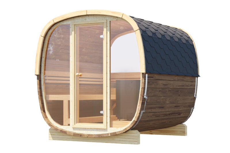 Uku 230 thermowood outdoor modern cube sauna for 4-6 people.