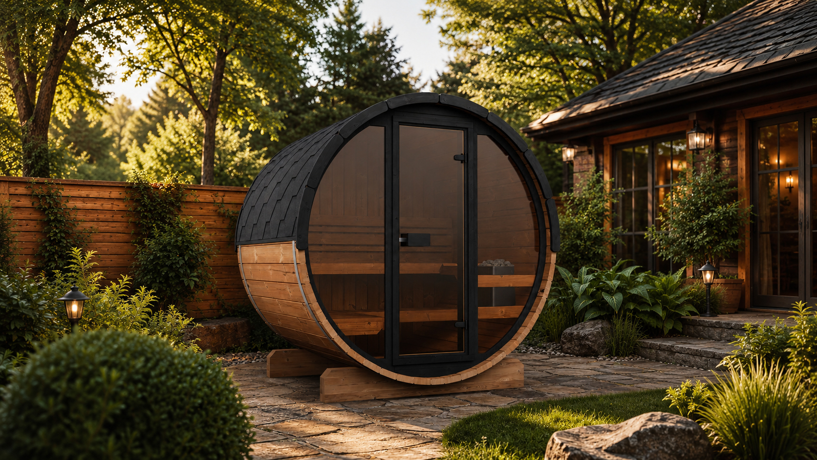 wooden outdoor barrel sauna with a panoramic glass front and dark rounded roof in a landscaped garden